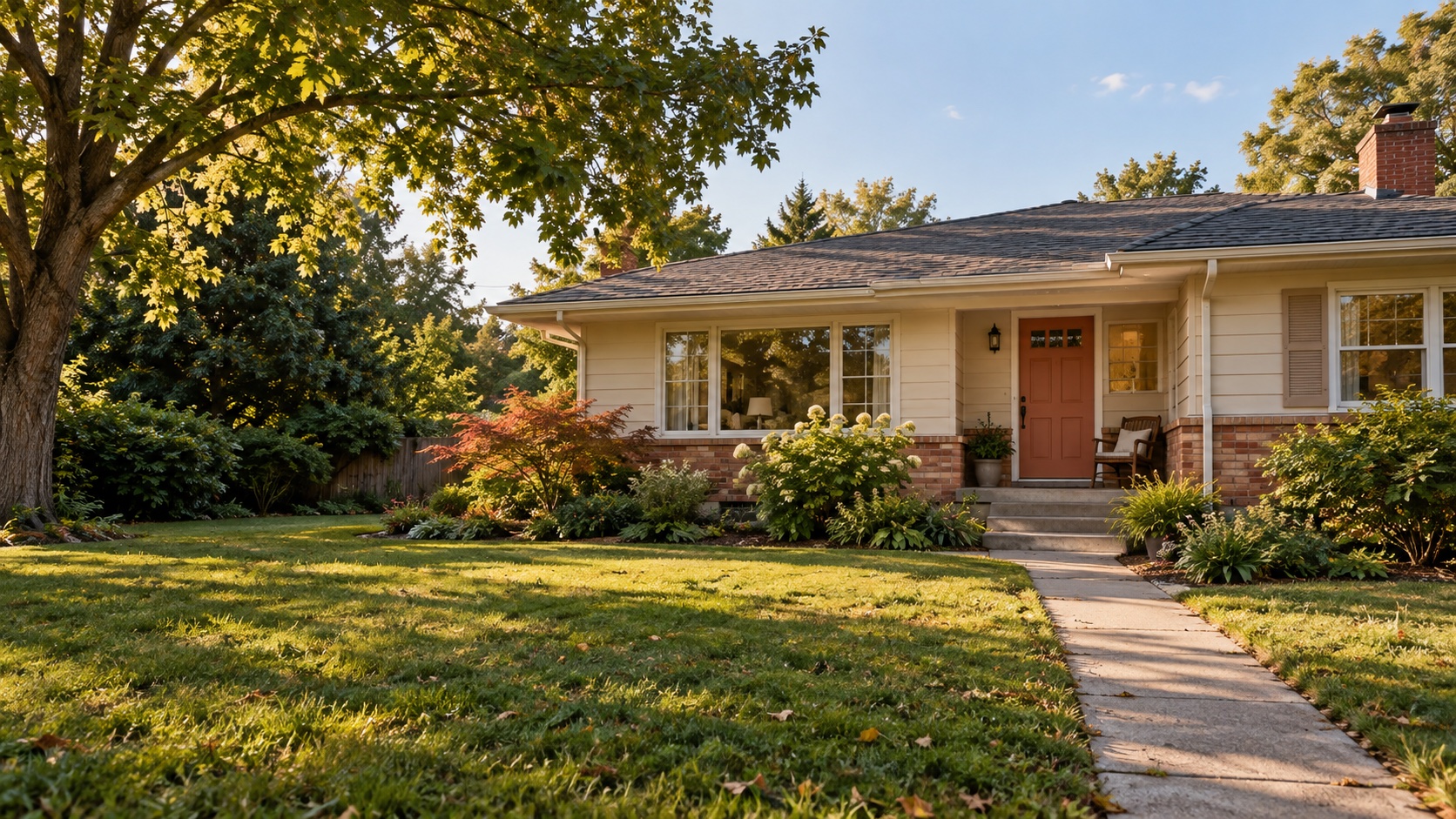 A welcoming single-story home with a sunlit front porch and garden path